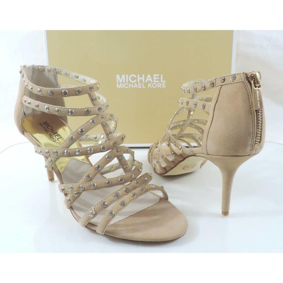 Women's Shoes Michael Kors Maddie Jeweled T-Strap Evening Sandals Nude Size 10